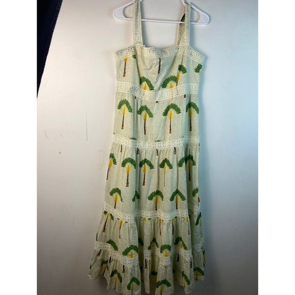 Dresses & Skirts - Calypso St Barth Tiered Maxi Dress Size L Palm Tree Print Crochet Trim Cotton